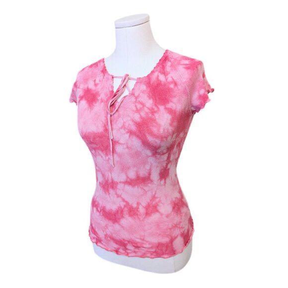 Vintage Y2K Knit Pink Tie Dye T Shirt Lettuce Hem Boho Beach Cute Pastel Sz S - Picture 3 of 12